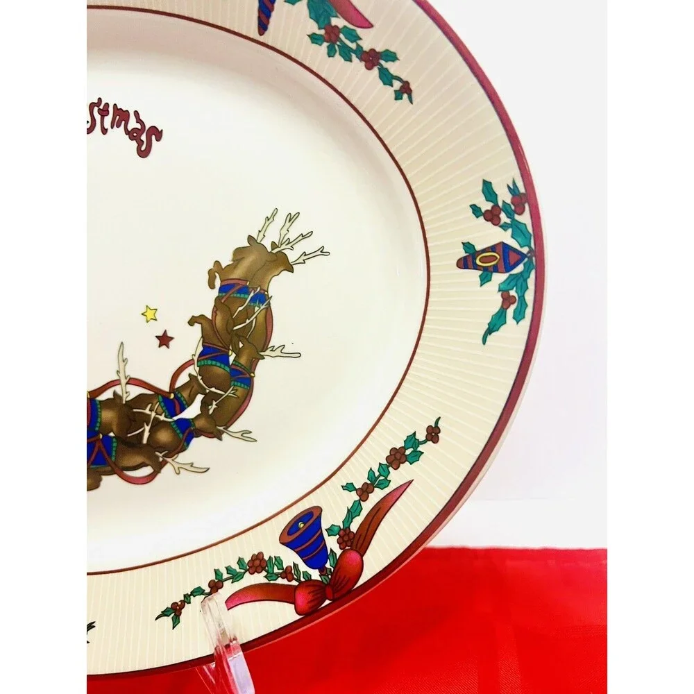 Vintage GEI Santa Sleigh Reindeer Christmas Serving Platter 14” Oval Tray